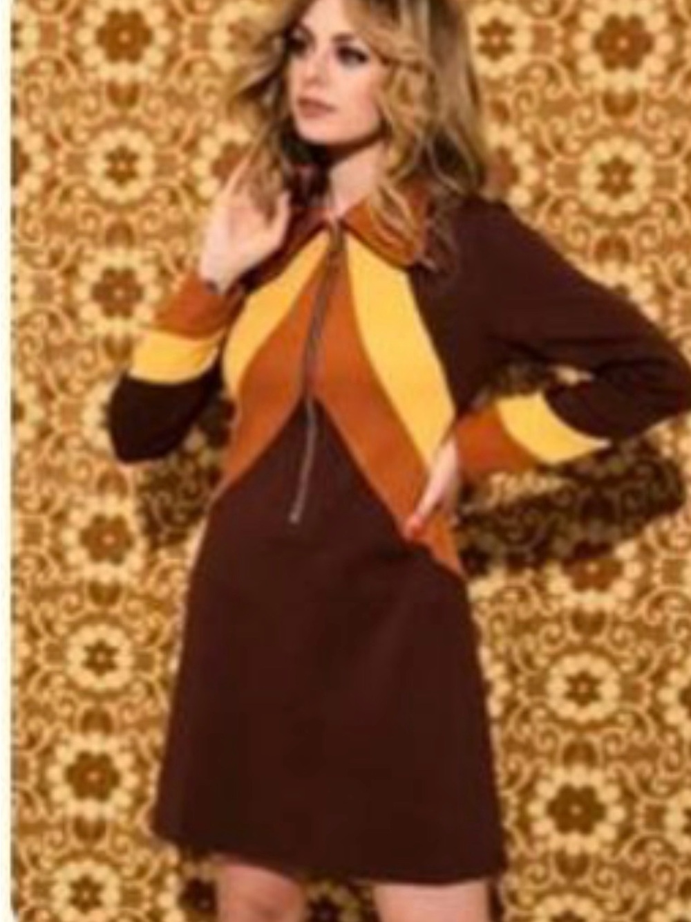 Susie Q Retro Colorblock Long-Sleeve Dress in Brown, Mustard & Orange